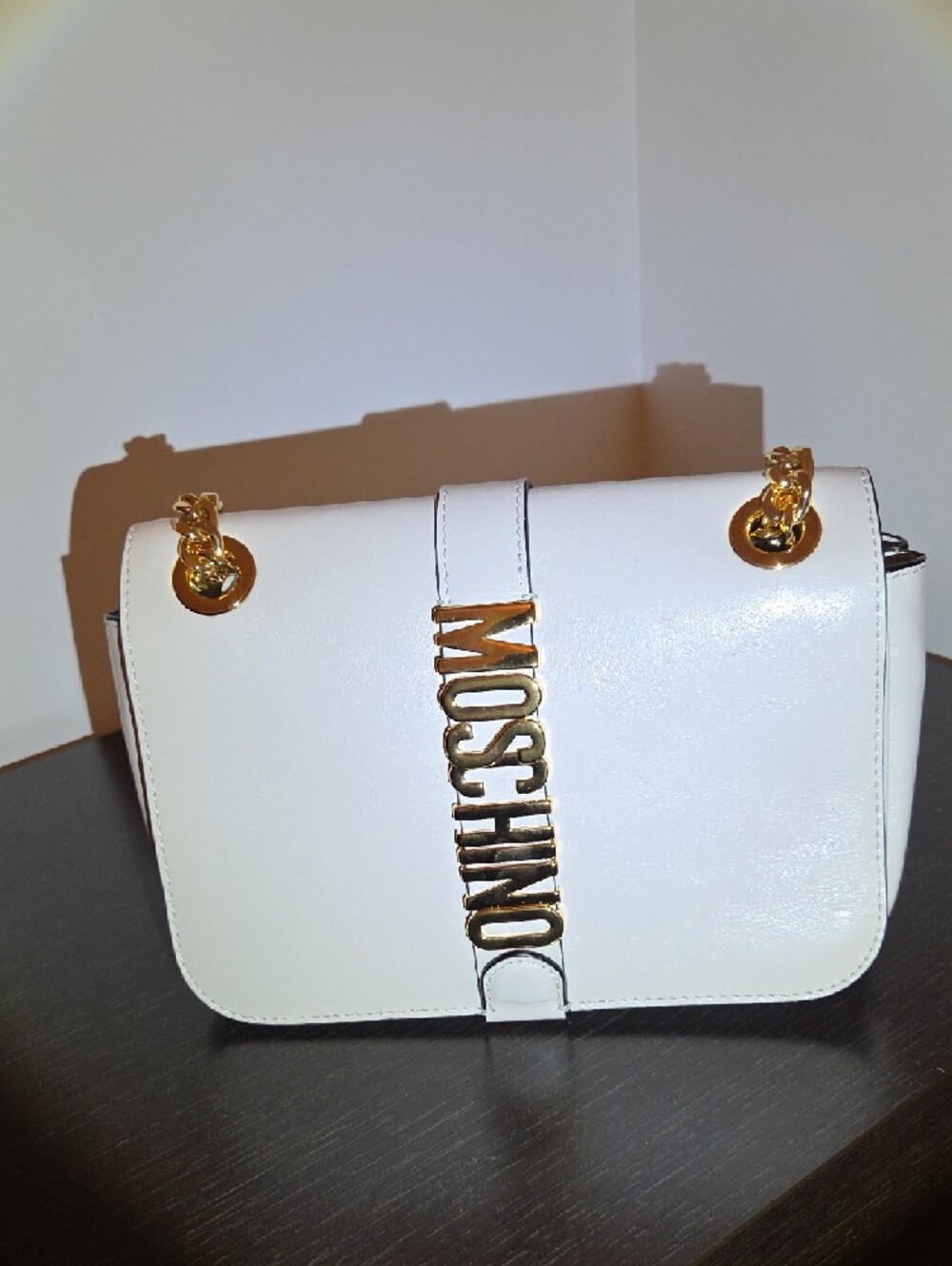 Moschino White Leather Crossbody with Gold Logo Chain - Picture 2 of 5